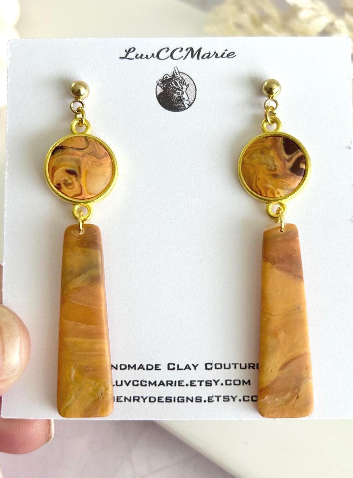 Mustard Yellow Clay Earrings, Abstract Bar Dangles, Long Drop Mid-century Modern Handmade Boho Jewelry