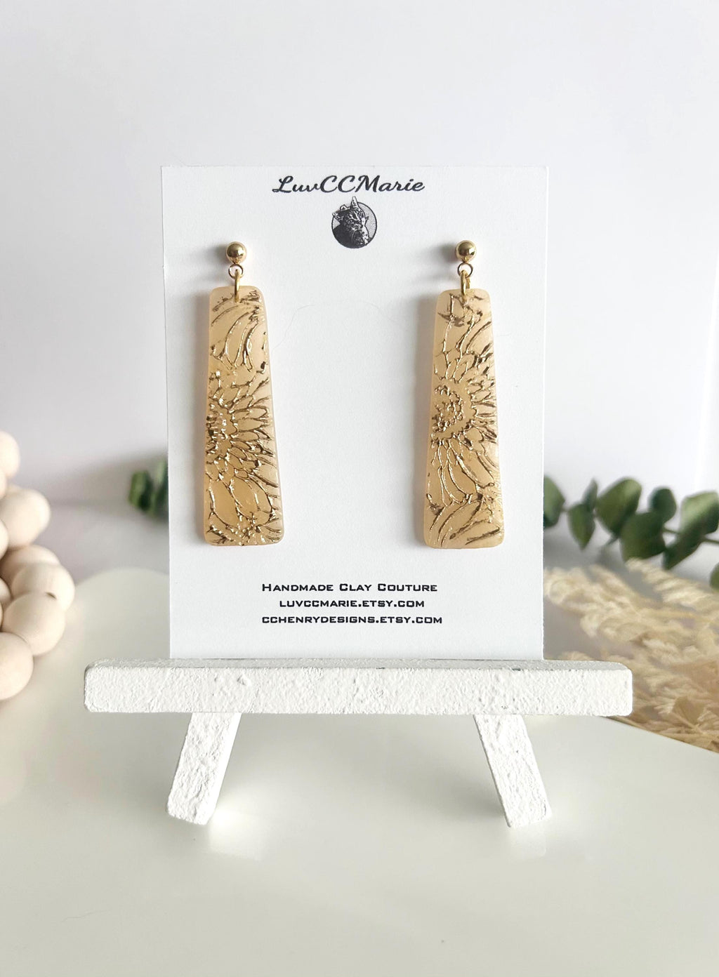 Sunflower Earrings, Bar Dangles, Gold and Cream, Handmade Lightweight Hypoallergenic Jewelry
