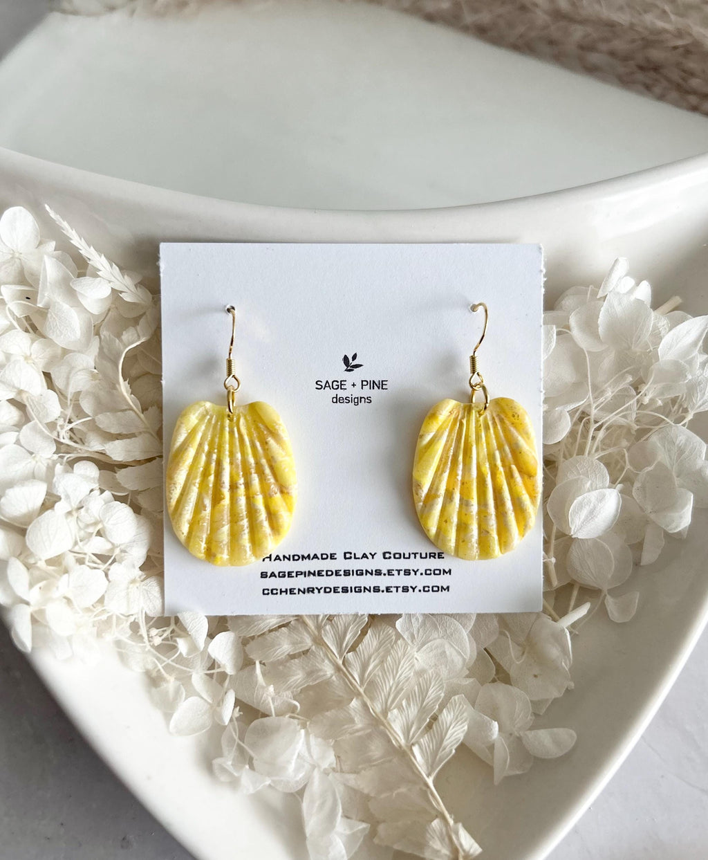 Handmade Clay Butter Yellow Shell Earrings, Seashell Hoop Dangles, Coastal Vacation Beach Jewelry
