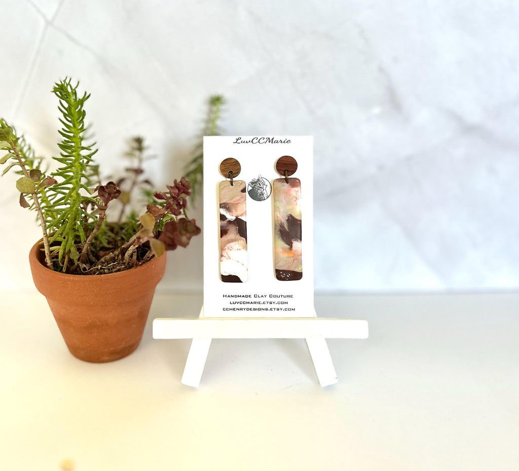 Brown Polymer Clay Earrings, Wood Stud Dangles, Handmade Fashion Jewelry Gift