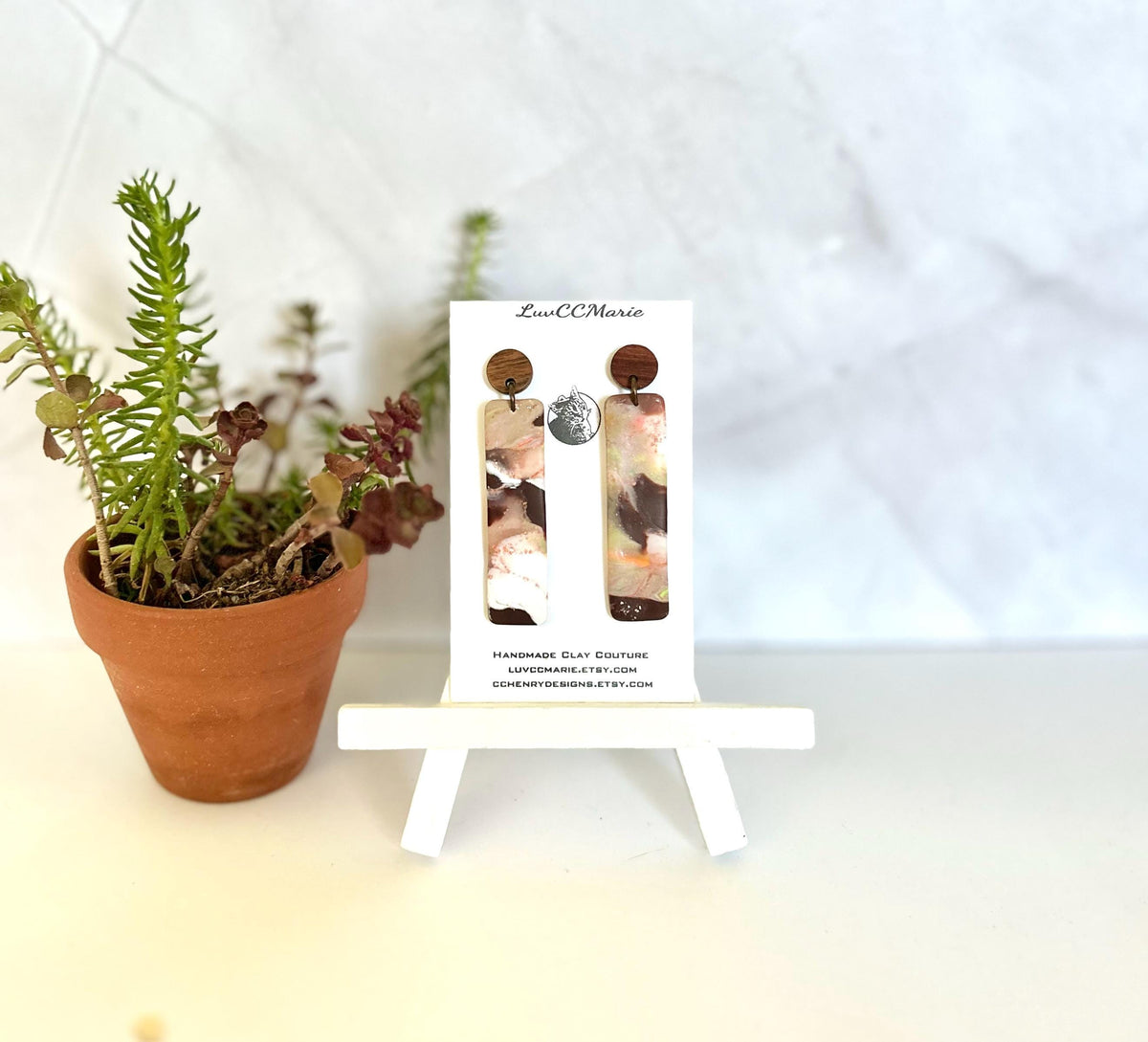 Brown Polymer Clay Earrings, Wood Stud Dangles, Handmade Fashion Jewelry Gift