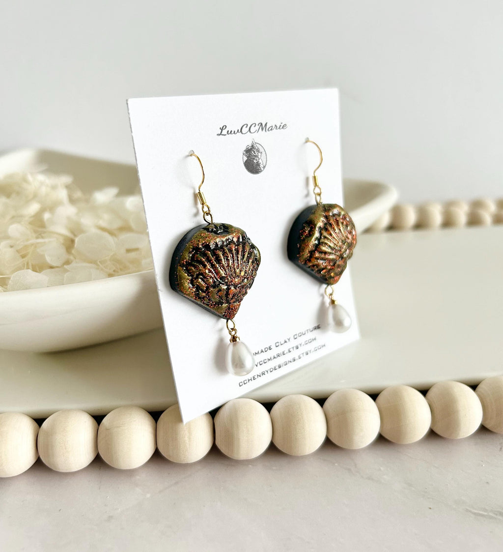California Poppy Flower Clay Earrings, Abstract Floral Pearl Dangles, Handmade Jewelry Gift for Her