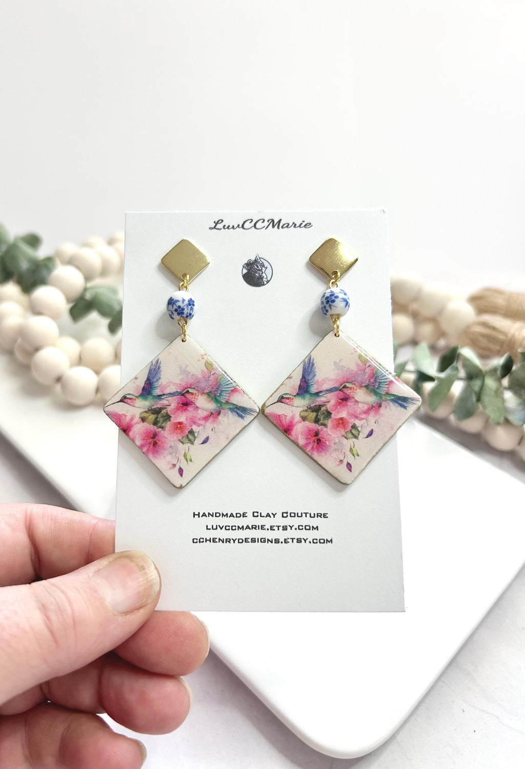 Hummingbird Bead Dangles Earrings, White, Pink and Light Blue Handmade Clay Jewelry Gift