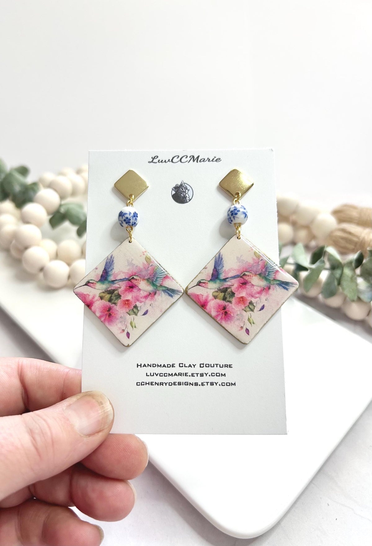 Hummingbird Bead Dangles Earrings, White, Pink and Light Blue Handmade Clay Jewelry Gift