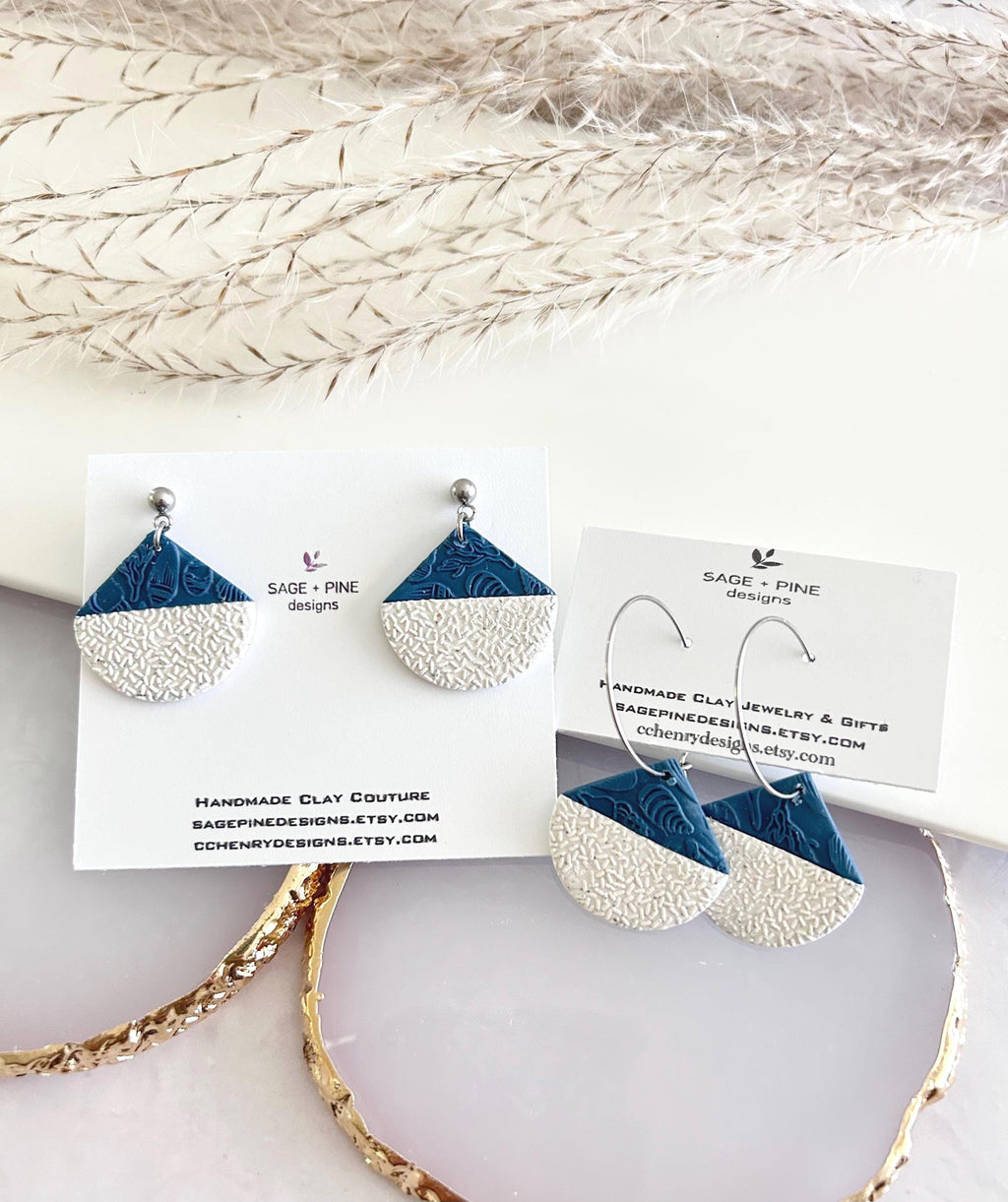 Creamy White and Teal Blue Abstract Fan Dangle Earrings, Handmade Clay Coastal Jewelry