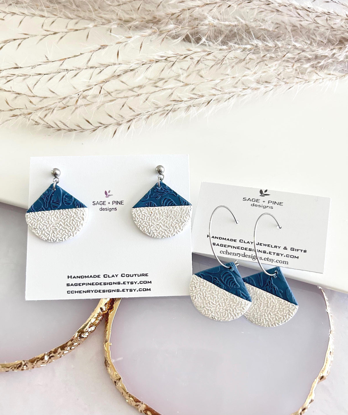 Creamy White and Teal Blue Abstract Fan Dangle Earrings, Handmade Clay Coastal Jewelry