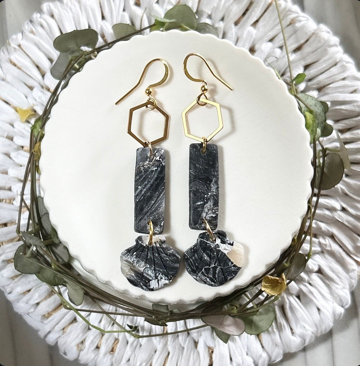 Seashell Earrings, Black and Gold Long Dangles, Coastal Beach Vacation Clay Jewelry Wedding Gift