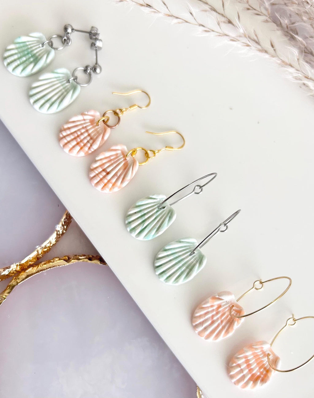 Clay Seashell Earrings, Peachy Coral and White Shell Dangles, Coastal Vacation Dangles Beach Jewelry