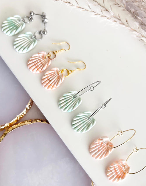 Clay Seashell Earrings, Peachy Coral and White Shell Dangles, Coastal Vacation Dangles Beach Jewelry