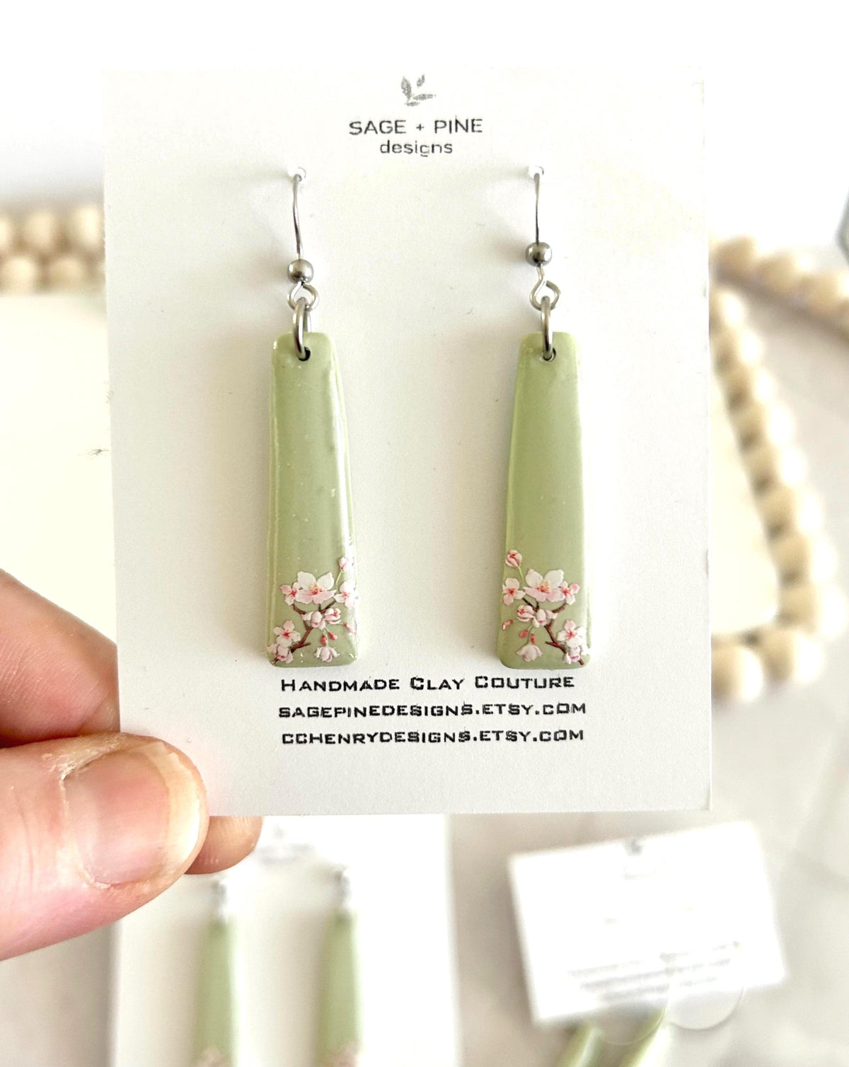 Sage Green Cherry Blossom Handmade Clay Dangle Earrings, Drop Dangles, Lightweight Jewelry