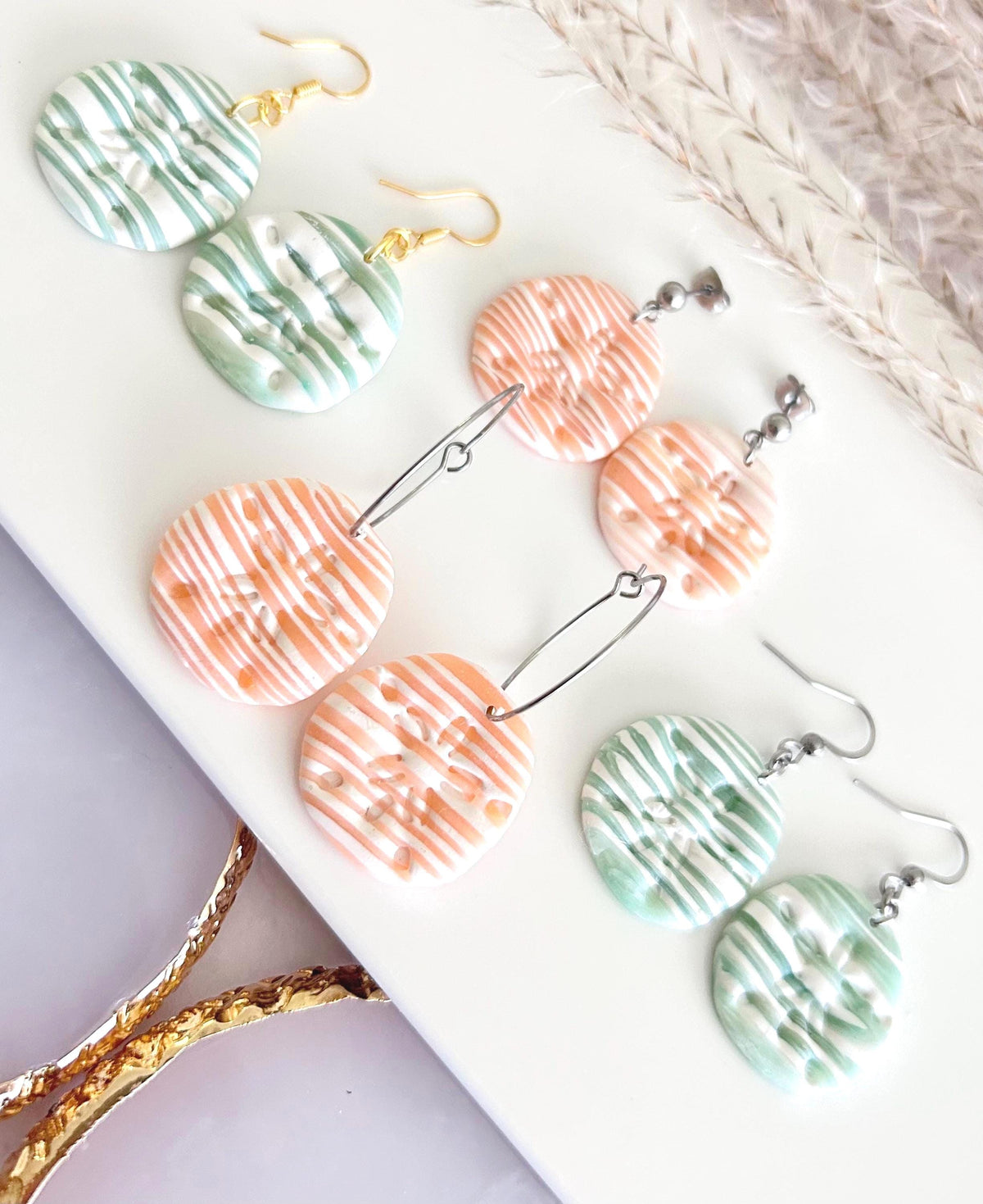 Sand Dollar Summer Earrings, Polymer Clay Dangles, Peach Mint Vacation Coastal Beach Handmade Gift