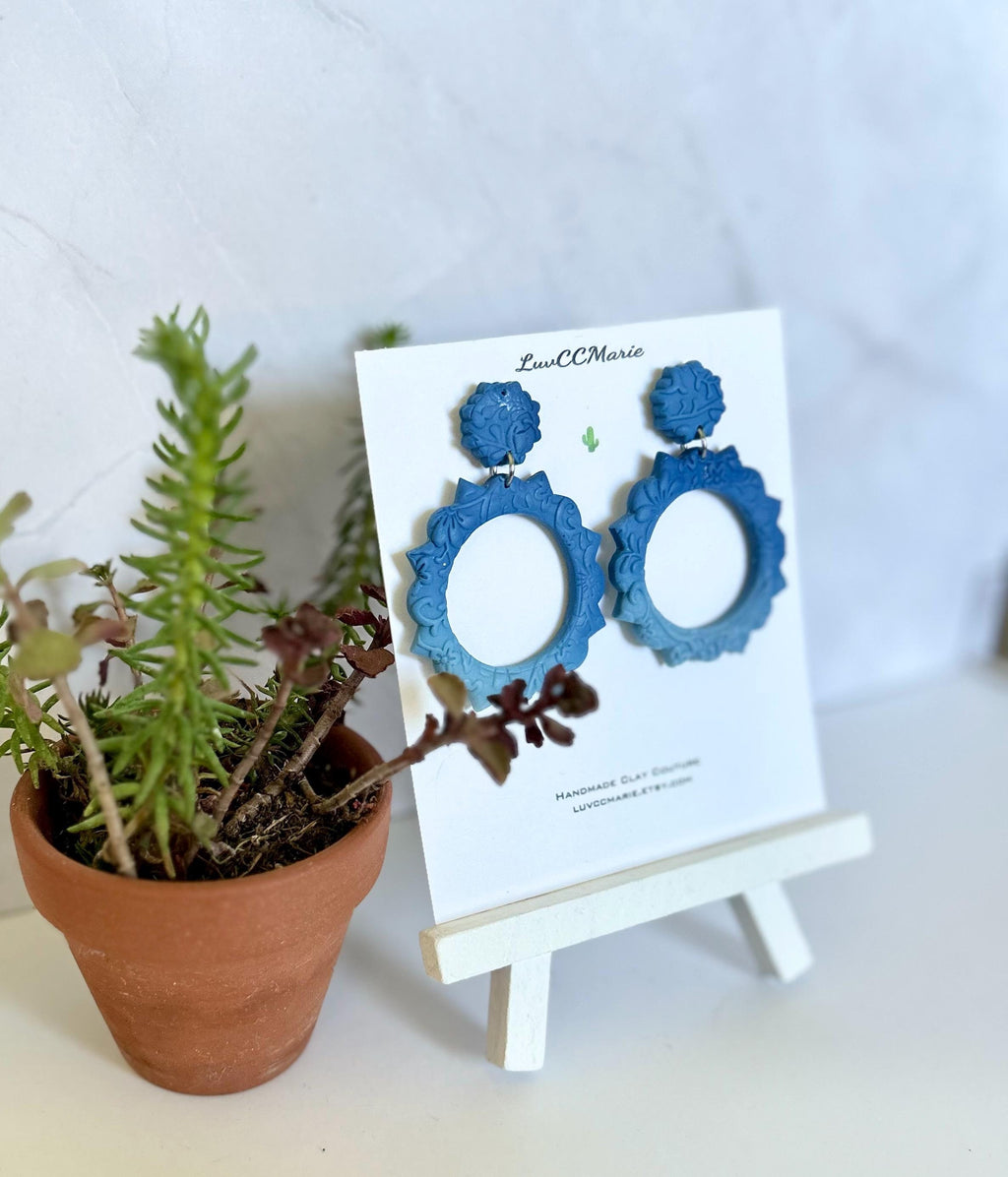 Boho Drop Hoop Earrings, Blue Ombre Statement Dangles, Handmade Clay Unique Gift
