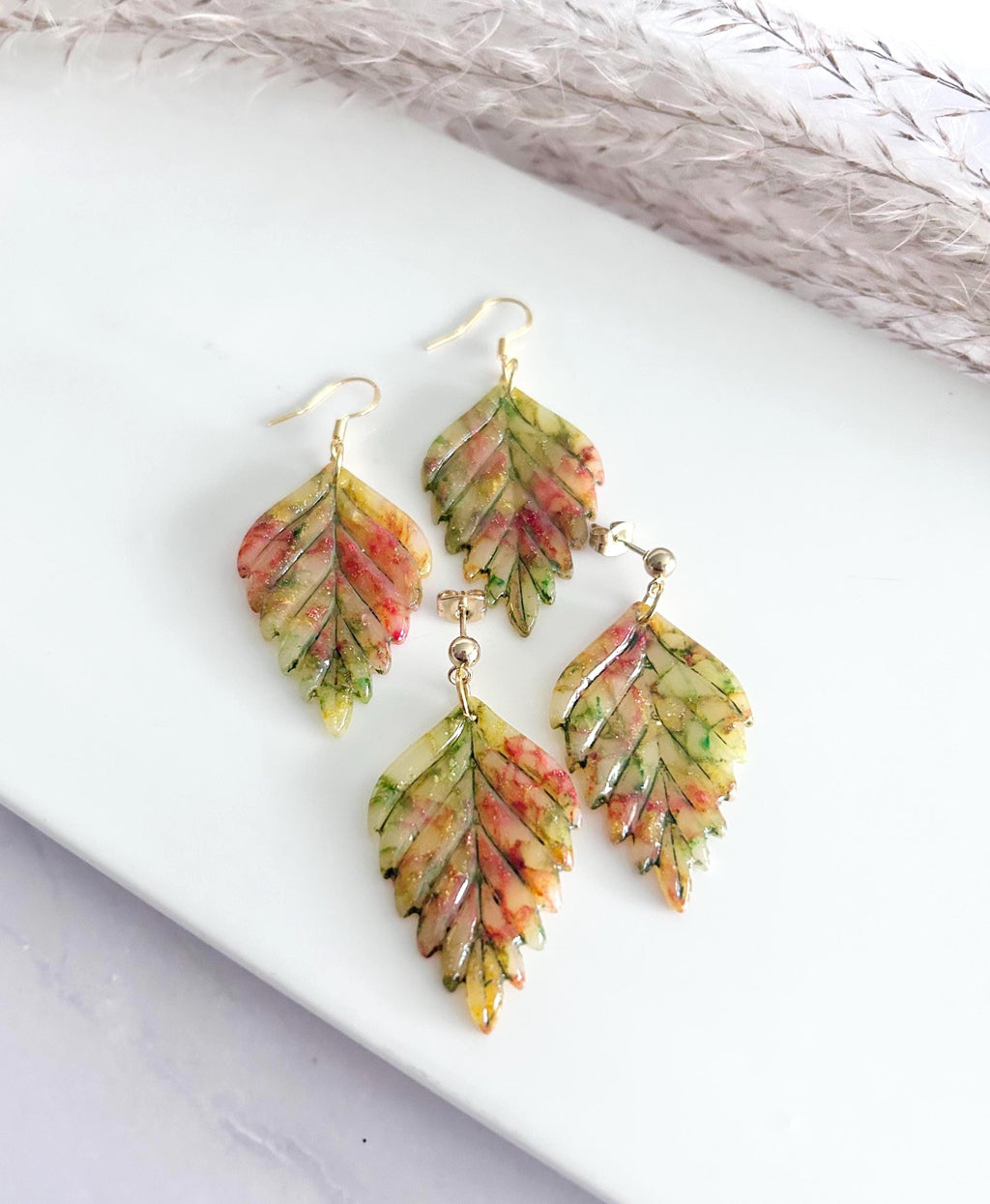 Multicolor Fall Leaf Earrings, 24k Gold Colorful Clay Dangles, Hypoallergenic Lightweight Boho Jewelry