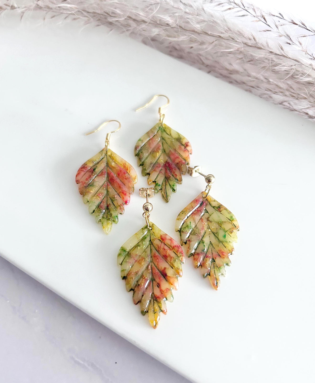 Multicolor Fall Leaf Earrings, 24k Gold Colorful Clay Dangles, Hypoallergenic Lightweight Boho Jewelry