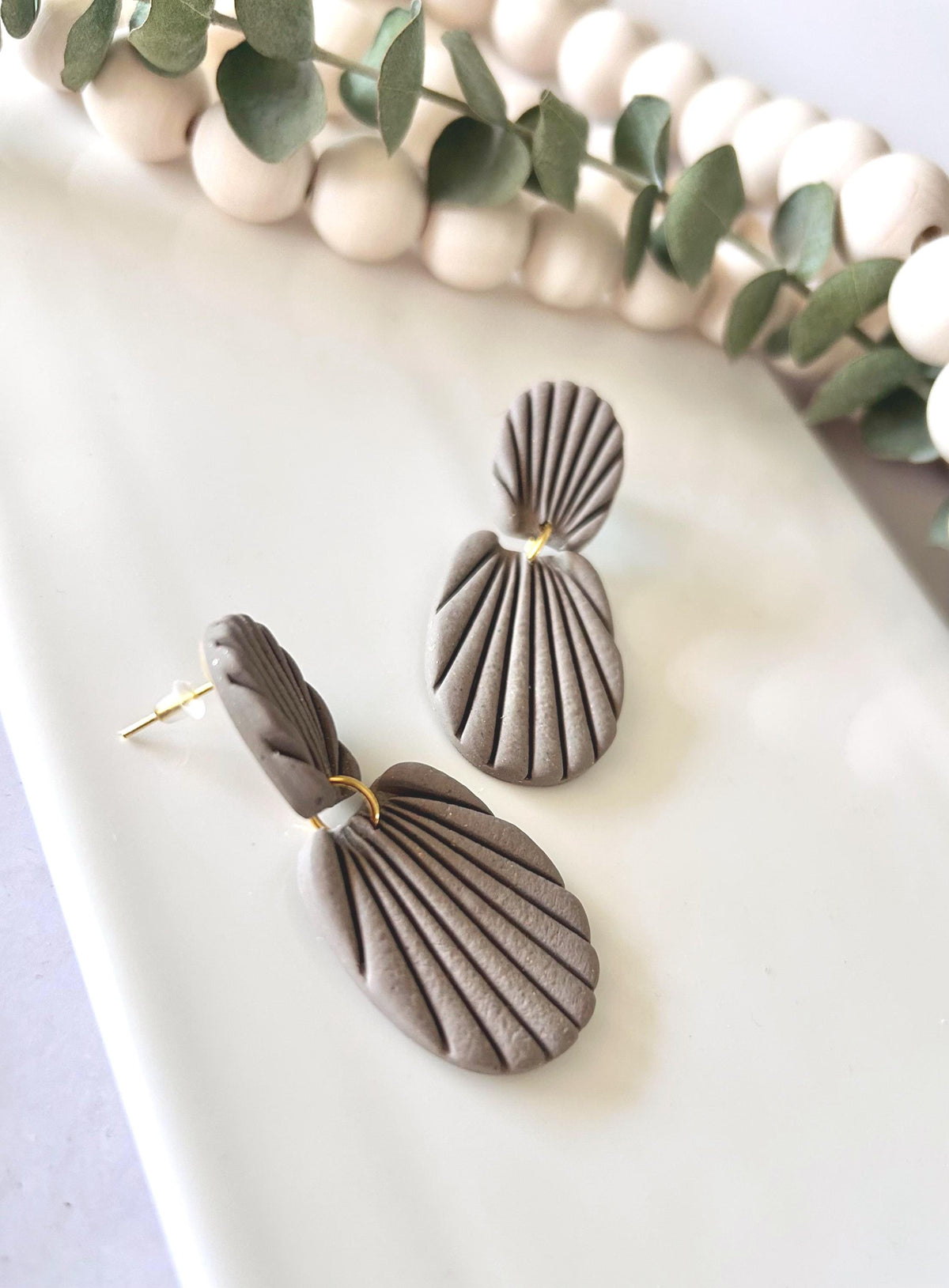 Khaki Neutral Seashell Earrings, Stud Drop Dangles, Coastal Beach Vacation Clay Jewelry, Hypoallergenic Lightweight
