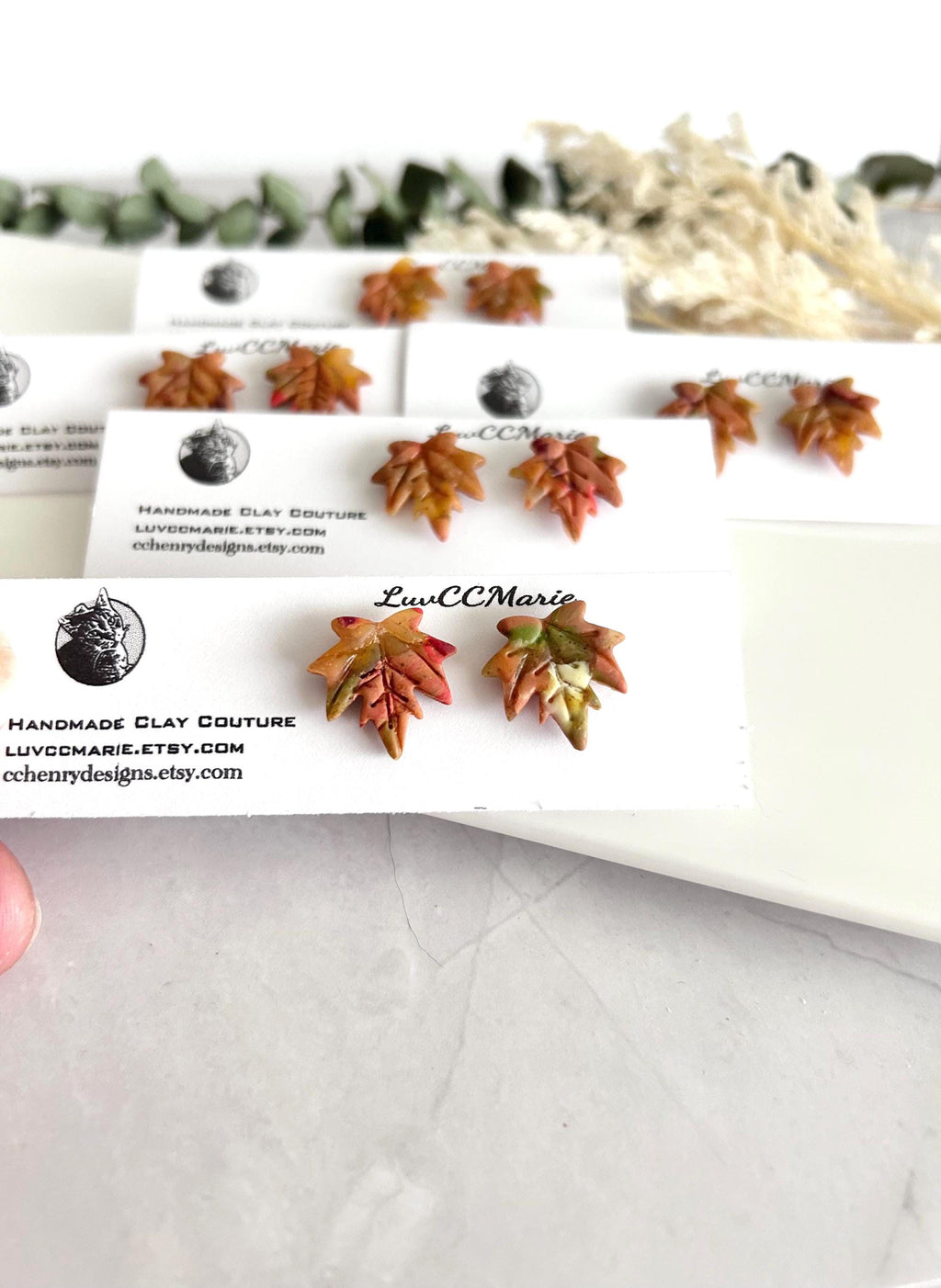 Maple Leaf Stud Earrings, Clay Studs, Handmade Multicolor Fall Jewelry