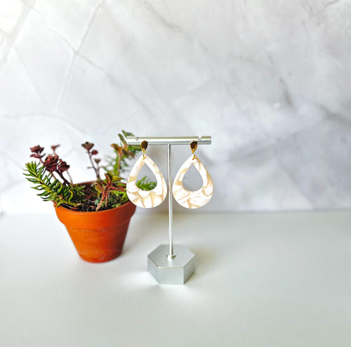 Abstract Teardrop Hoop Earrings, Peach and White Clay Earrings, Handmade Boho Fashion Jewelry