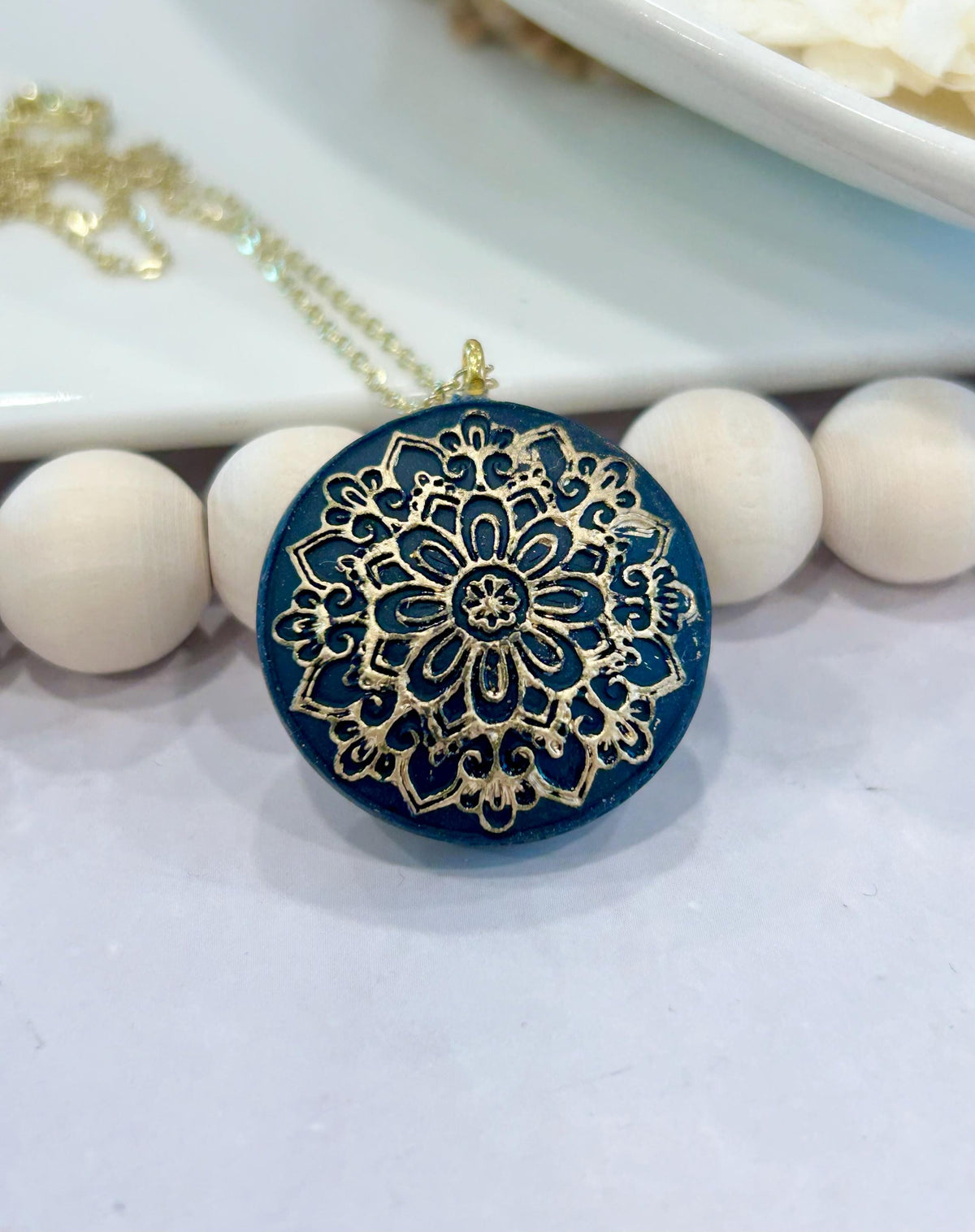 Dark Navy Blue Clay Necklace, Gold Mandala Embossed Pendant, Handmade Fashion Boho Jewelry