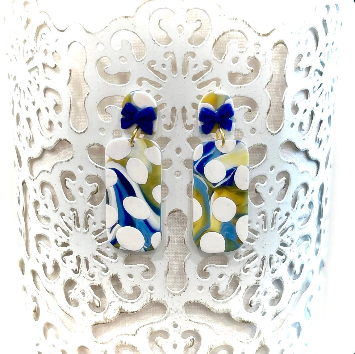 Cobalt Blue Polka Dot Stud Dangles, Gold White Clay Earrings, Handmade Fashion Clay Jewelry