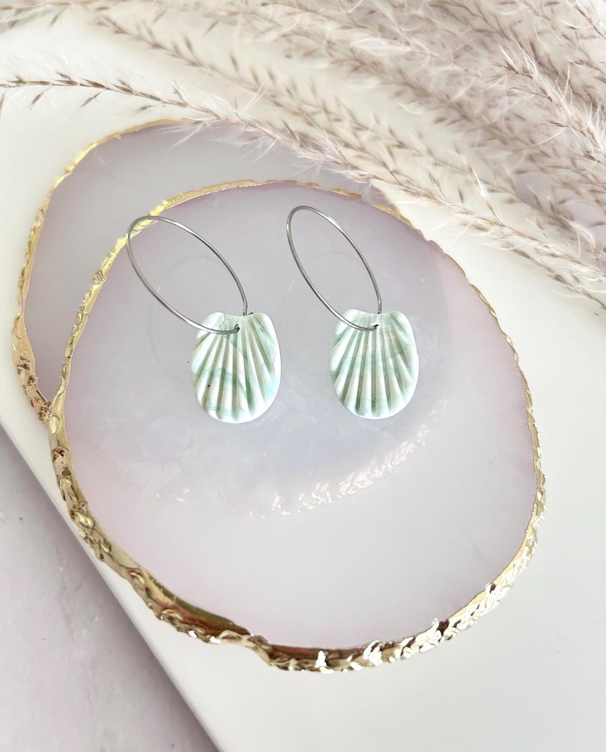 Clay Seashell Earrings, Peachy Coral and White Shell Dangles, Coastal Vacation Dangles Beach Jewelry