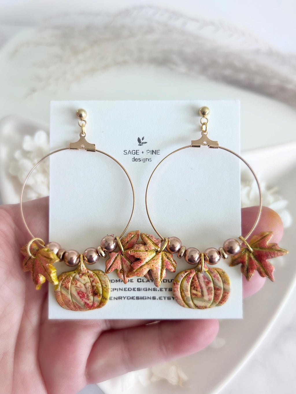 Fall Leaf Clay Earrings, Pumpkin Maple Beaded Hoop Dangles, Boho Hypoallergenic Lightweight Jewelry