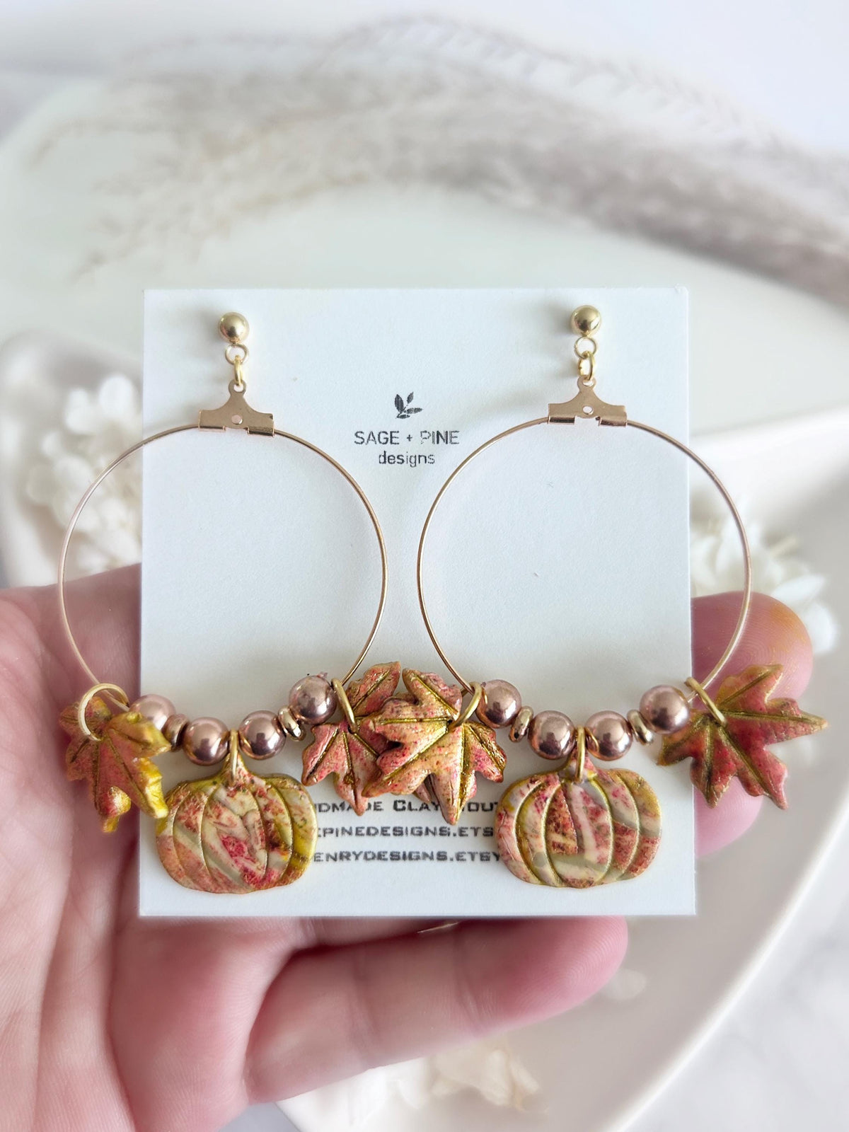 Fall Leaf Clay Earrings, Pumpkin Maple Beaded Hoop Dangles, Boho Hypoallergenic Lightweight Jewelry