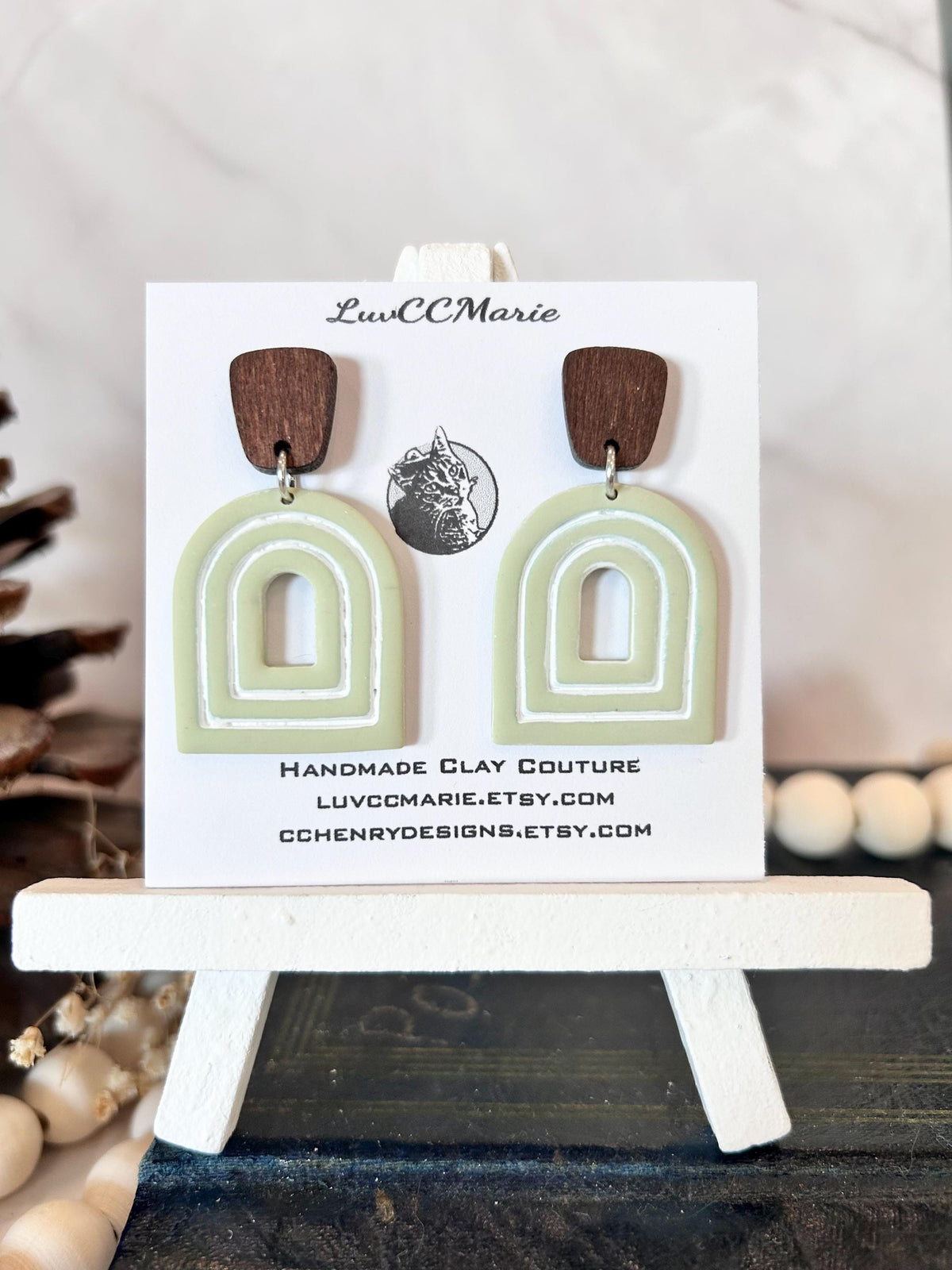 Sage Green and White Drop Earrings, Clay and Wood Arch Dangles, Handmade Jewelry