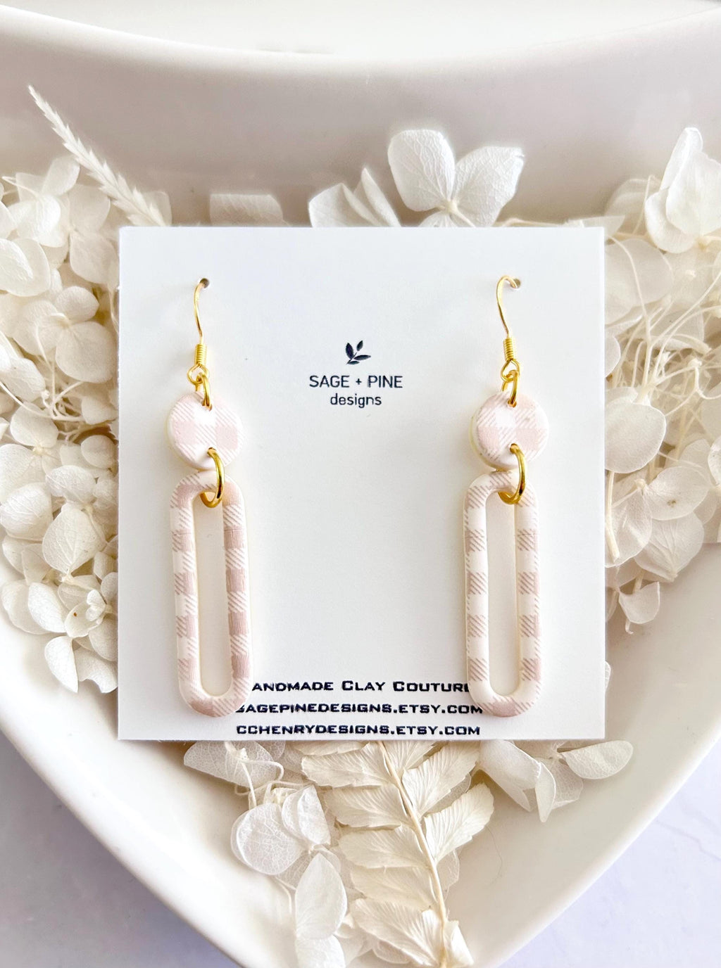 Beige and Gold Gingham Earrings, Clay Hoop Dangles, Lightweight Hypoallergenic