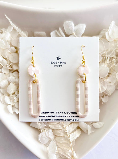 Beige and Gold Gingham Earrings, Clay Hoop Dangles, Lightweight Hypoallergenic