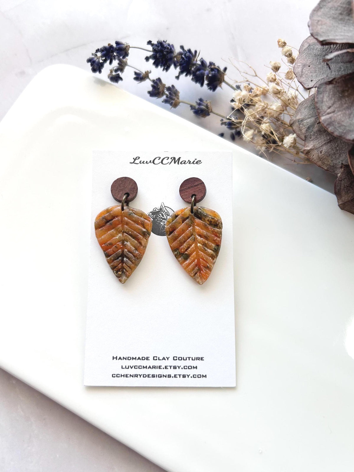 Rustic Autumn Leaves Earrings, Asymmetrical Wood Leaf Dangles, Handmade Lightweight, Colorful Fall Clay Jewelry
