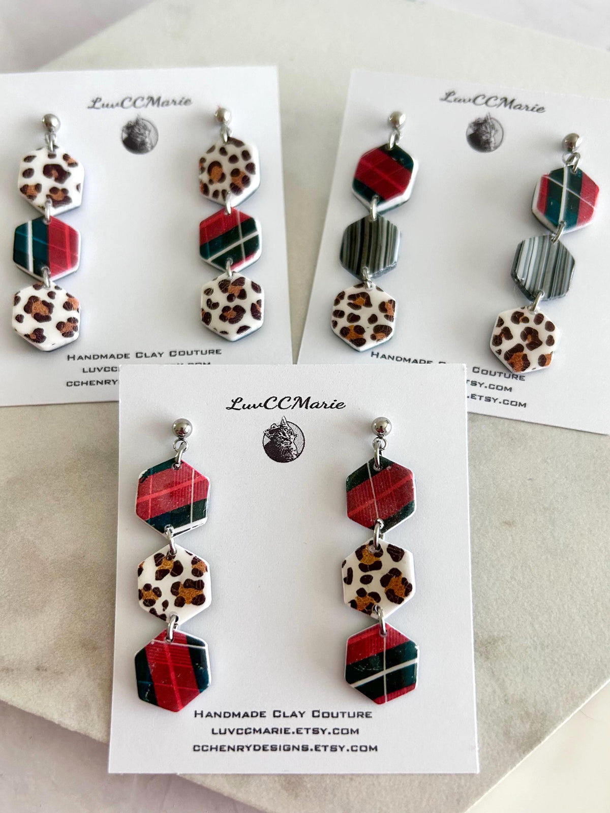 Cheetah Print Plaid Hexagon Daisy Chain Dangle Earrings: Handmade Boho Statement Clay Jewelry