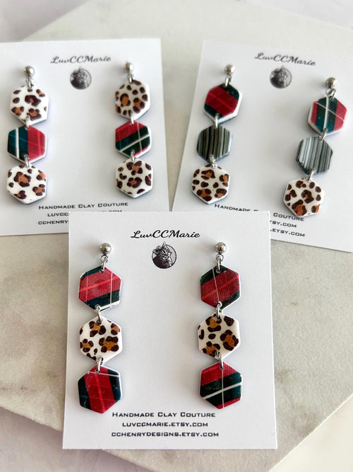Cheetah Print Plaid Hexagon Daisy Chain Dangle Earrings: Handmade Boho Statement Clay Jewelry