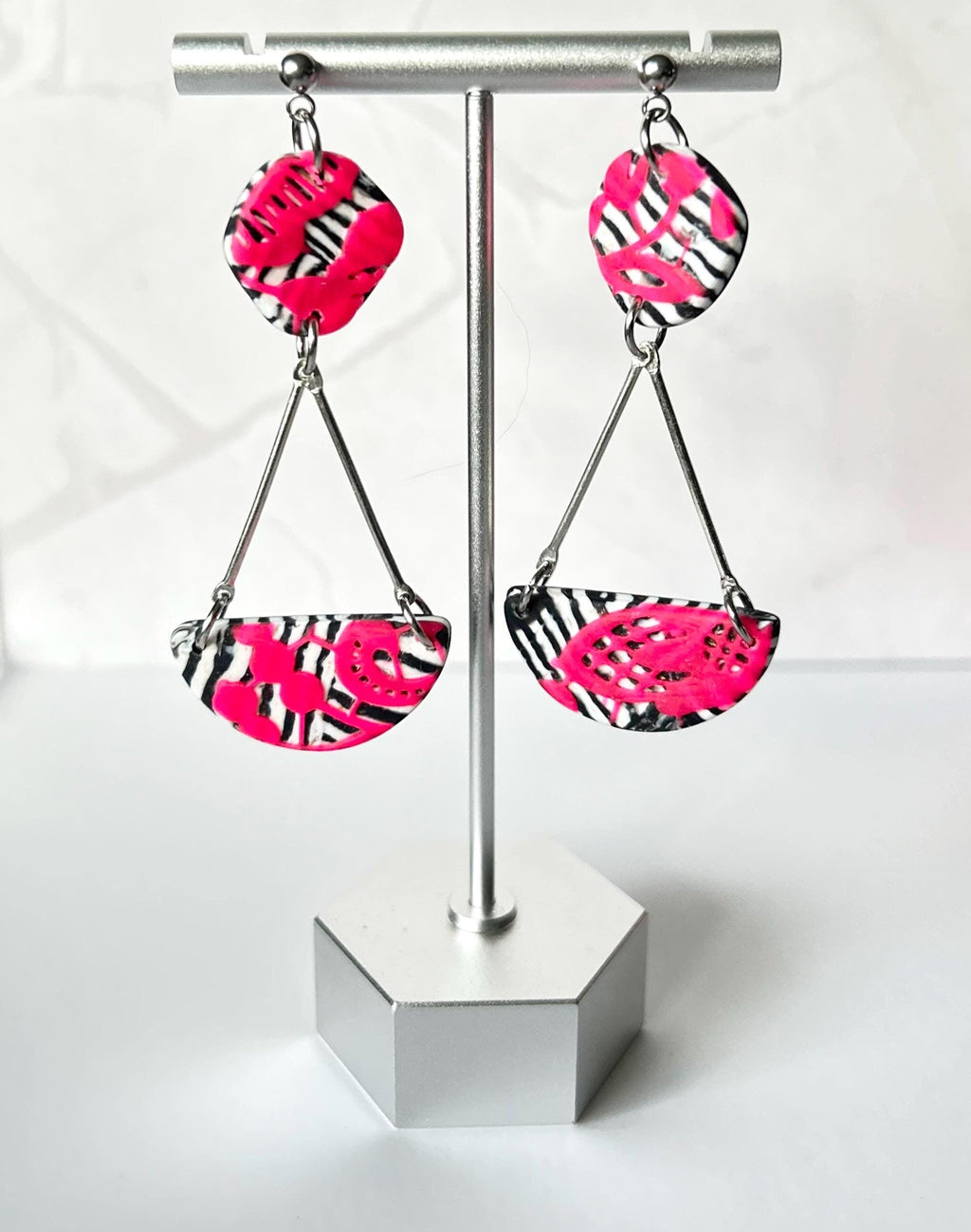 Hot Pink Black and White Zebra Stripe Chandelier Earrings, Clay Dangles, Handmade Jewelry Gift