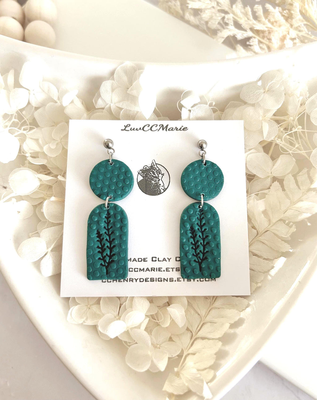 Polka Dot Botanical Clay Dangle Earrings, Handmade Art Jewelry Gift