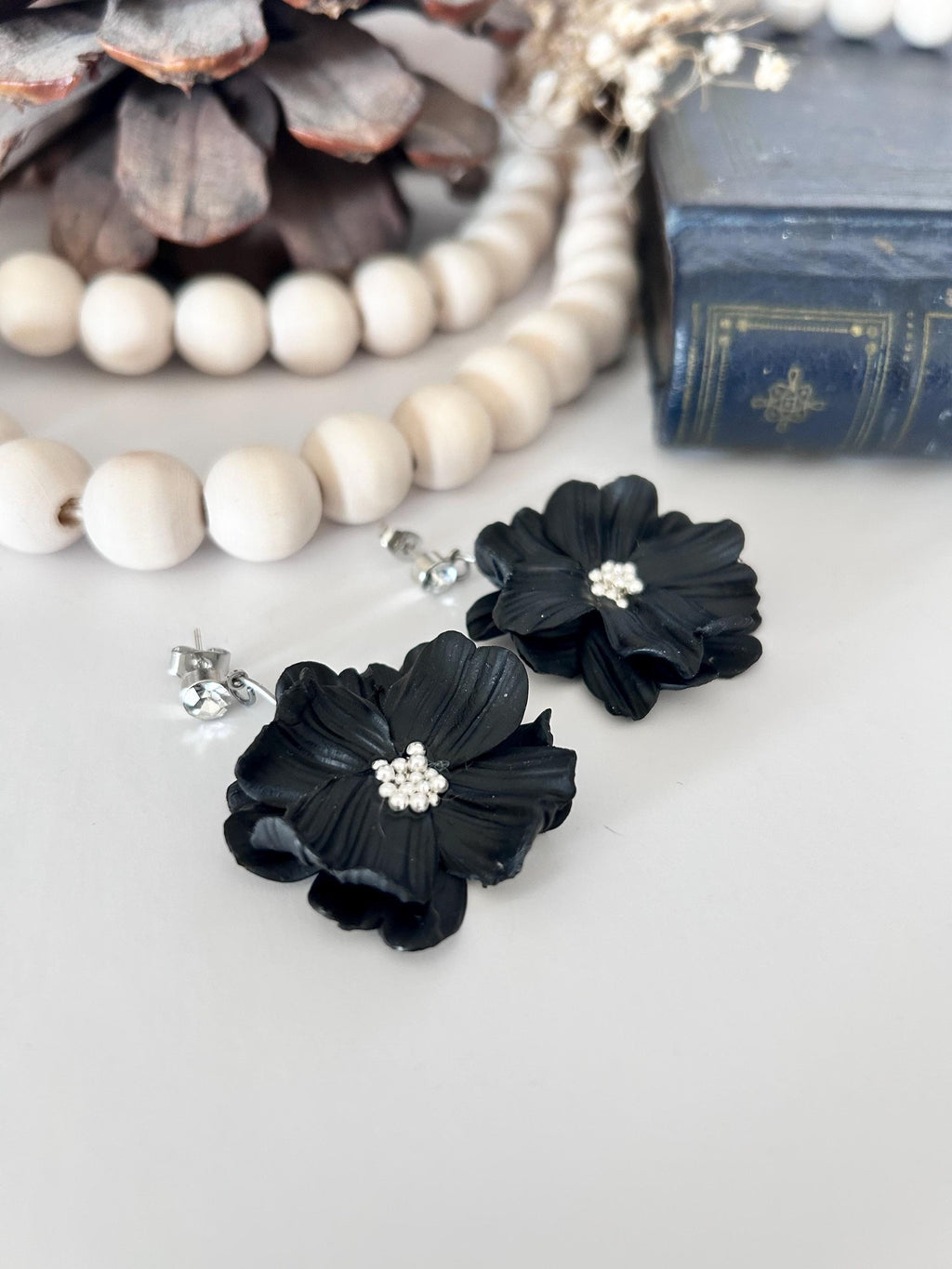 Black Dangle Flower Earrings, Big Floral Drop Dangles, Silver Rhinestone Unique Statement Jewelry Gift