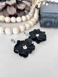 Black Dangle Flower Earrings, Big Floral Drop Dangles, Silver Rhinestone Unique Statement Jewelry Gift