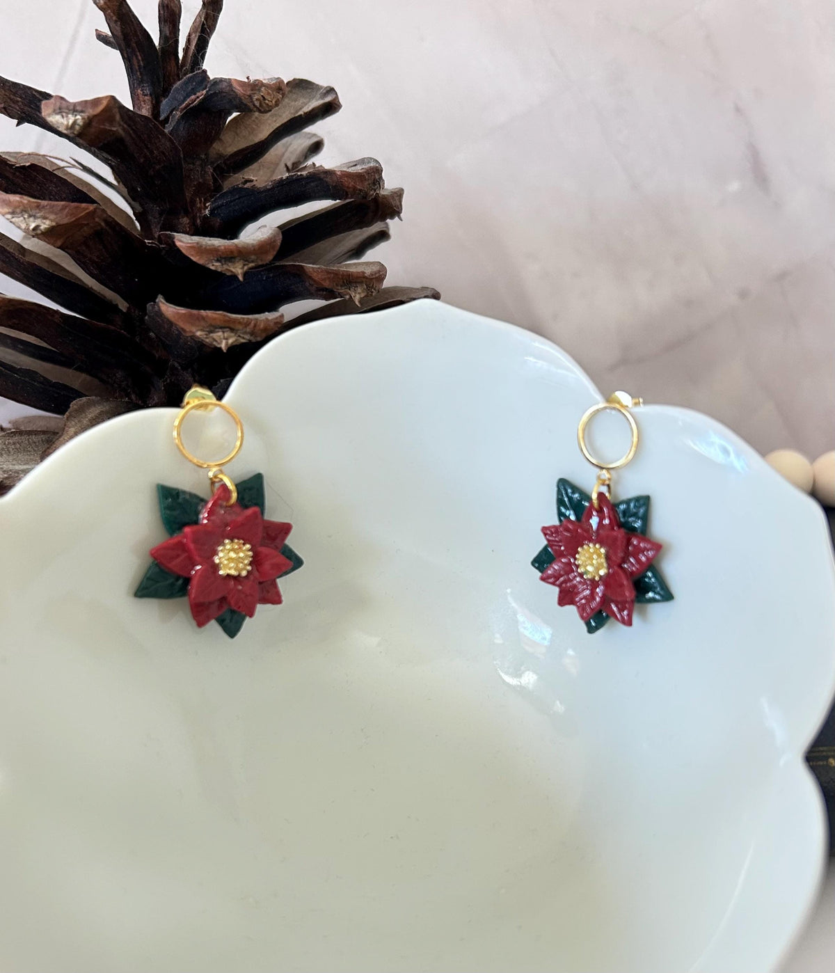 Burgundy Poinsettia Flower Earring, Christmas Dangles, Holiday Jewelry, Stocking Stuffers