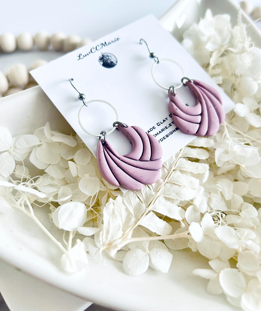 Dusty Pink Handmade Clay Dangle Earrings, Hoop Charm Dangles, Everyday Jewelry