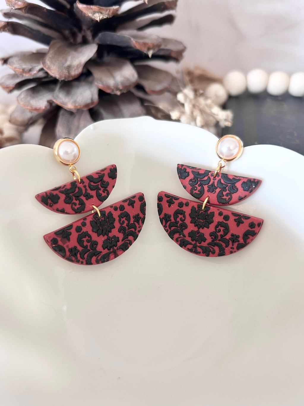Red and Black Pearl Earrings, Elegant Dangles, Damask Floral Drops, Lightweight Clay Statement Jewelry
