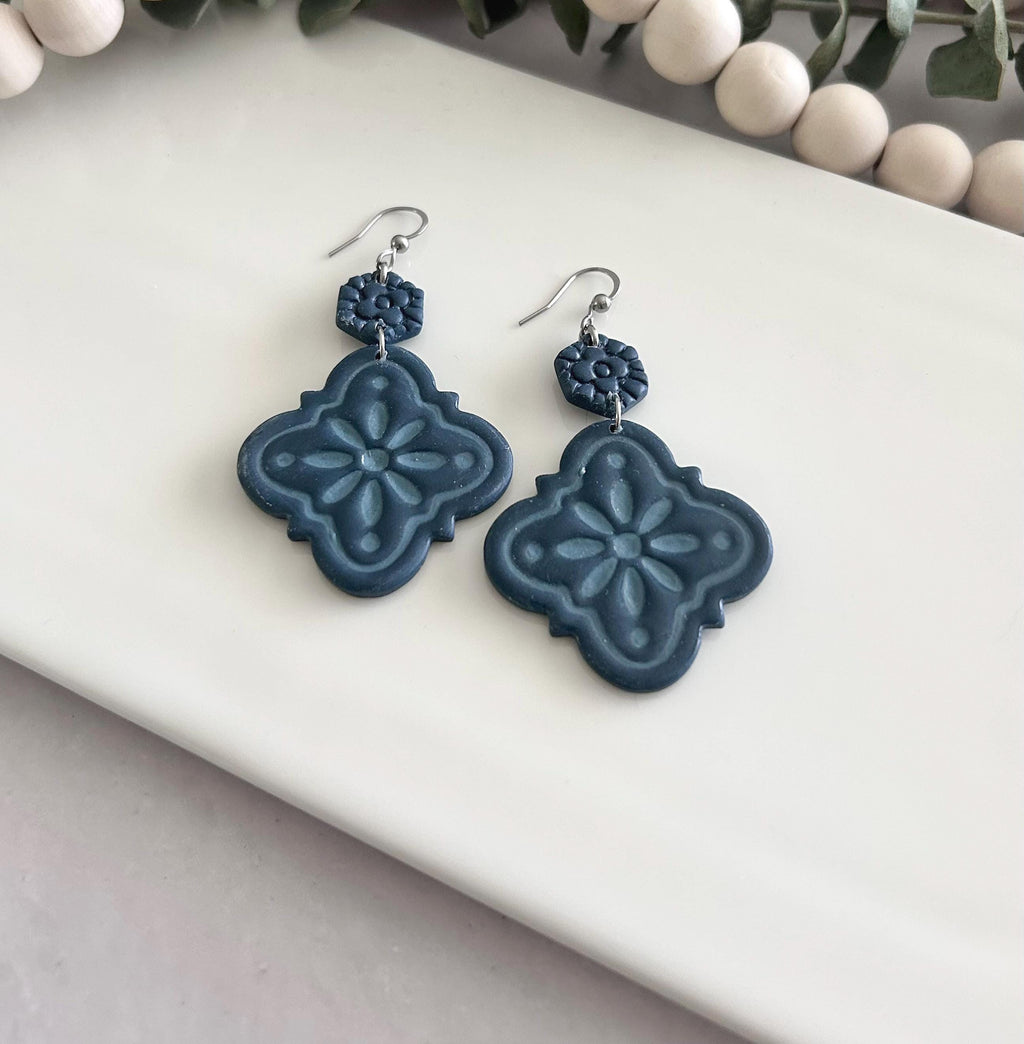 Dark Teal Blue Statement Tile Dangle Earrings Handmade Jewelry Lightweight Vacation Gift