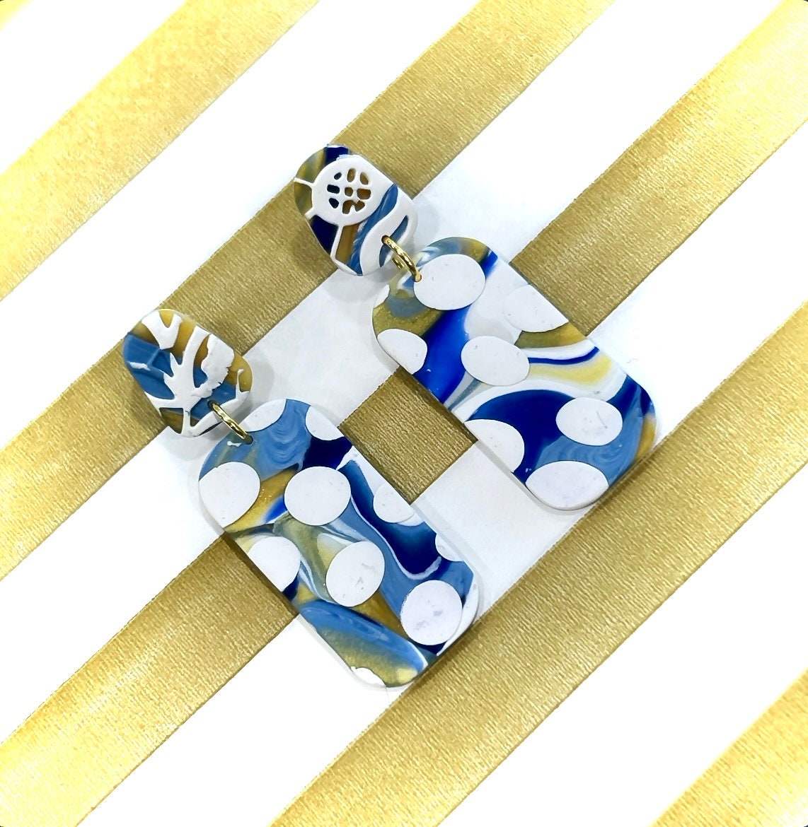 Handmade Clay Polka Dot Stud Dangles, Cobalt, White & Gold Dangle Earrings, Long Boho Jewelry