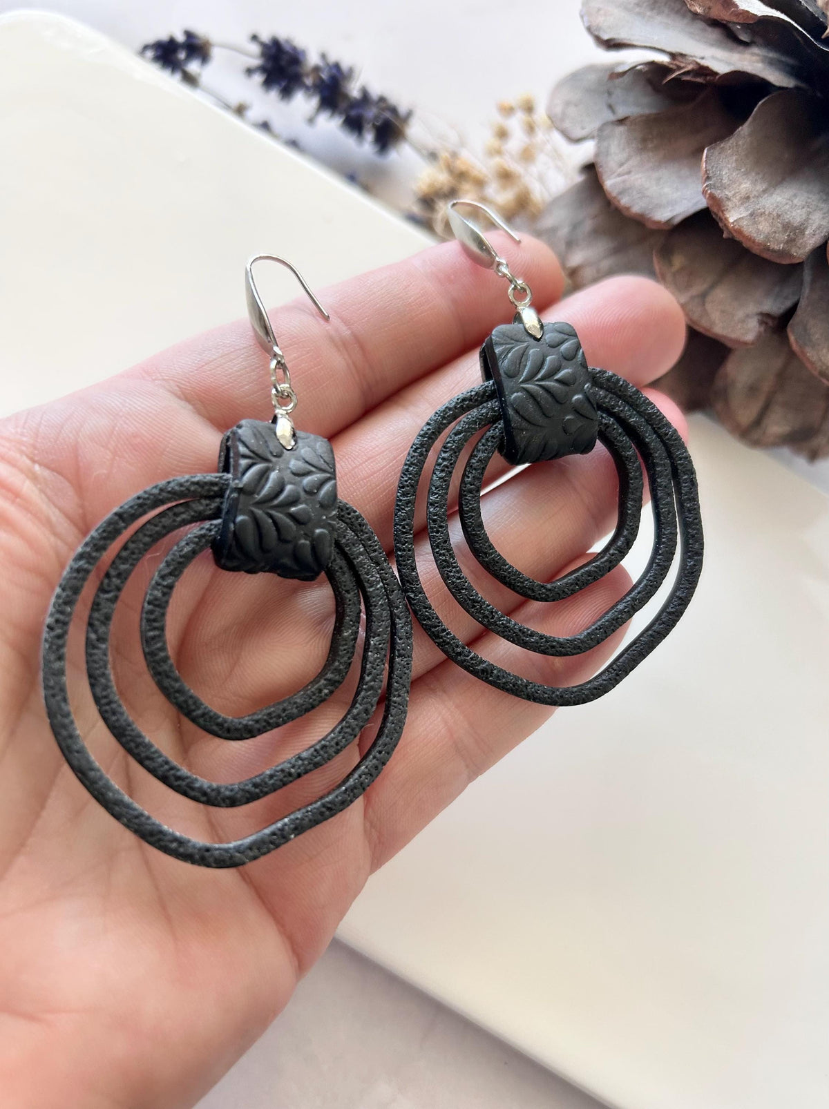Black Silver Drop Hoops, Large Thin Hoop Dangles, Lightweight Clay Handmade Earrings, Stainless Steel