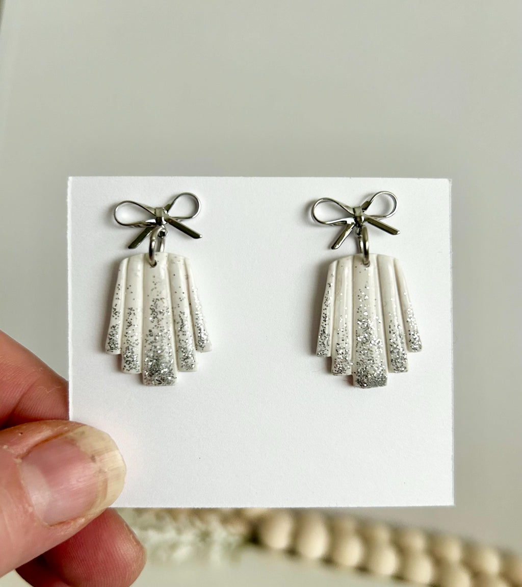 Sparkly Dangles, Bow Earrings, Modern Wedding Clay Jewelry, Handmade Gift For the Bride