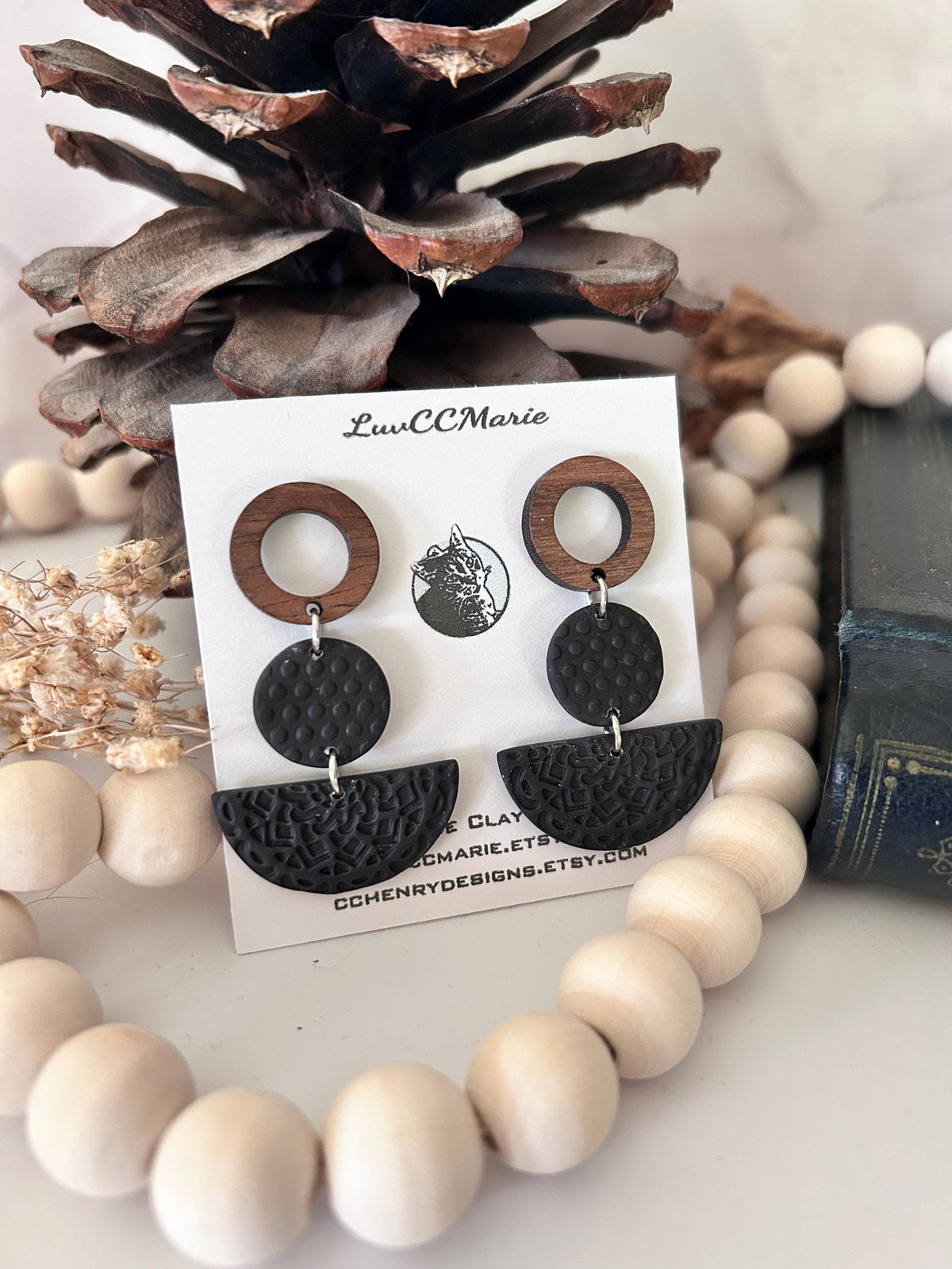 Mandala Polka Dot Clay Earrings, Open Circle Wood Post Stud Dangles, Lightweight Hypoallergenic