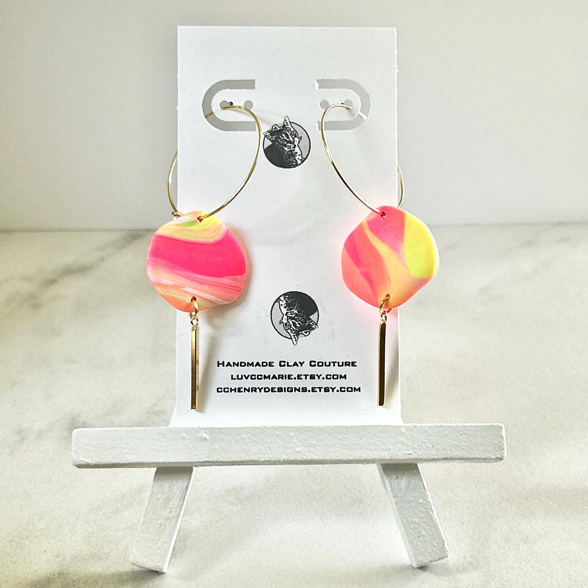 Neon 80s Clay Earrings, Hoop Bar Dangles, Fluorescent Jewelry