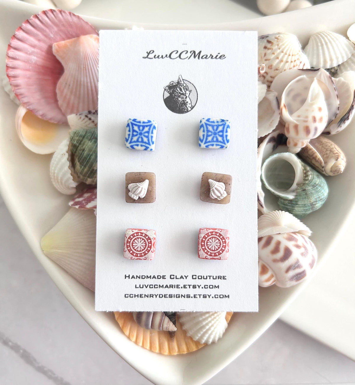 Tile Studs, Santorini Clay Stud Set, Mediterranean Vacation Boho Earrings, Handmade Jewelry, Stocking Stuffers