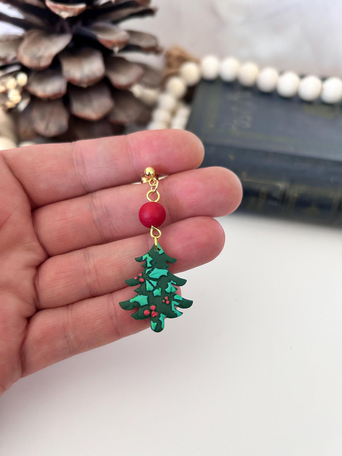 Green Christmas Tree Earrings, Holly Berry Beads, Cute Holiday Gift, Stocking Stuffer Clay Jewelry