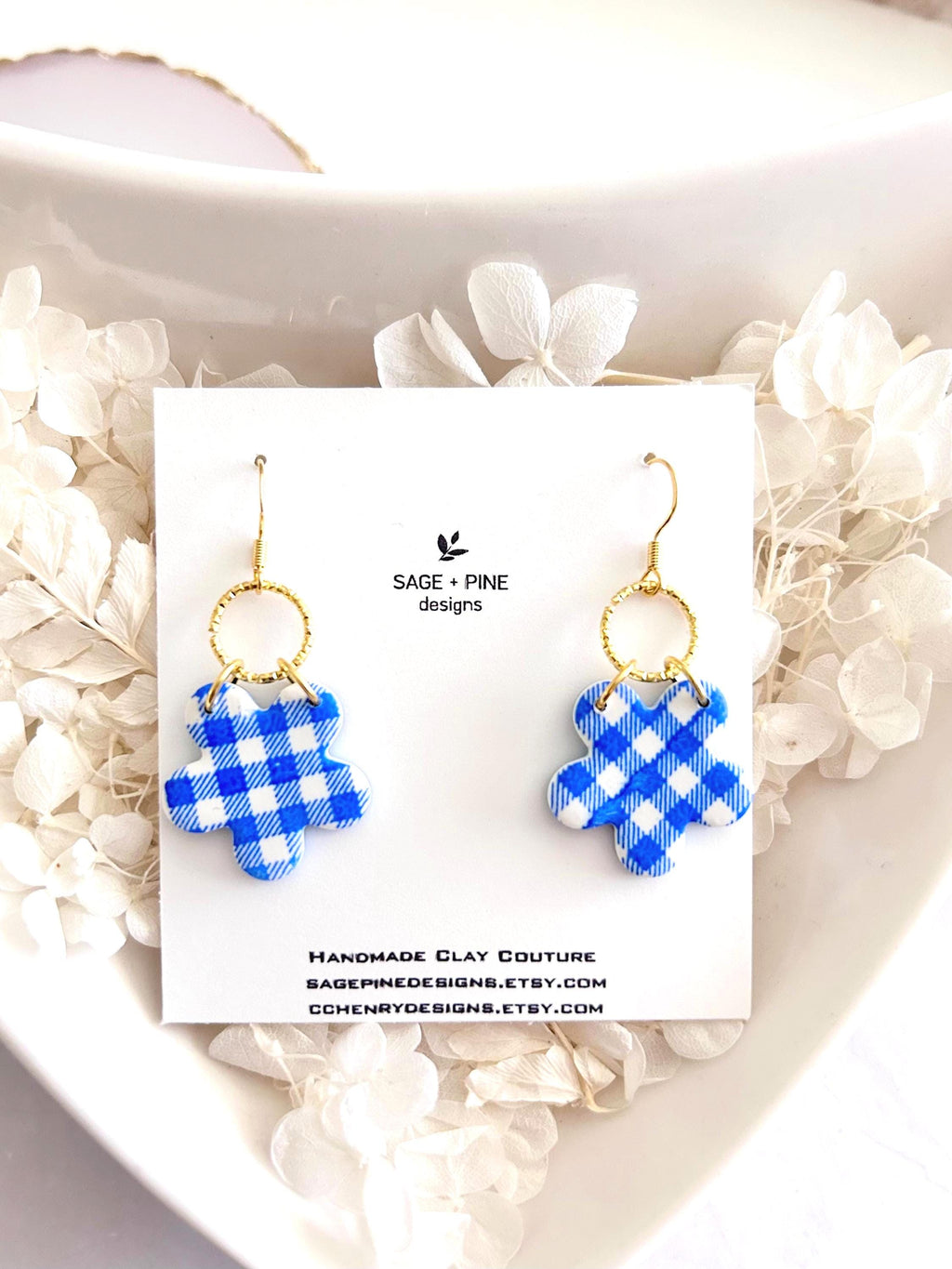Yellow and Gold Daisy Gingham Clay Earrings, Plaid Dangles, Lightweight Hypoallergenic