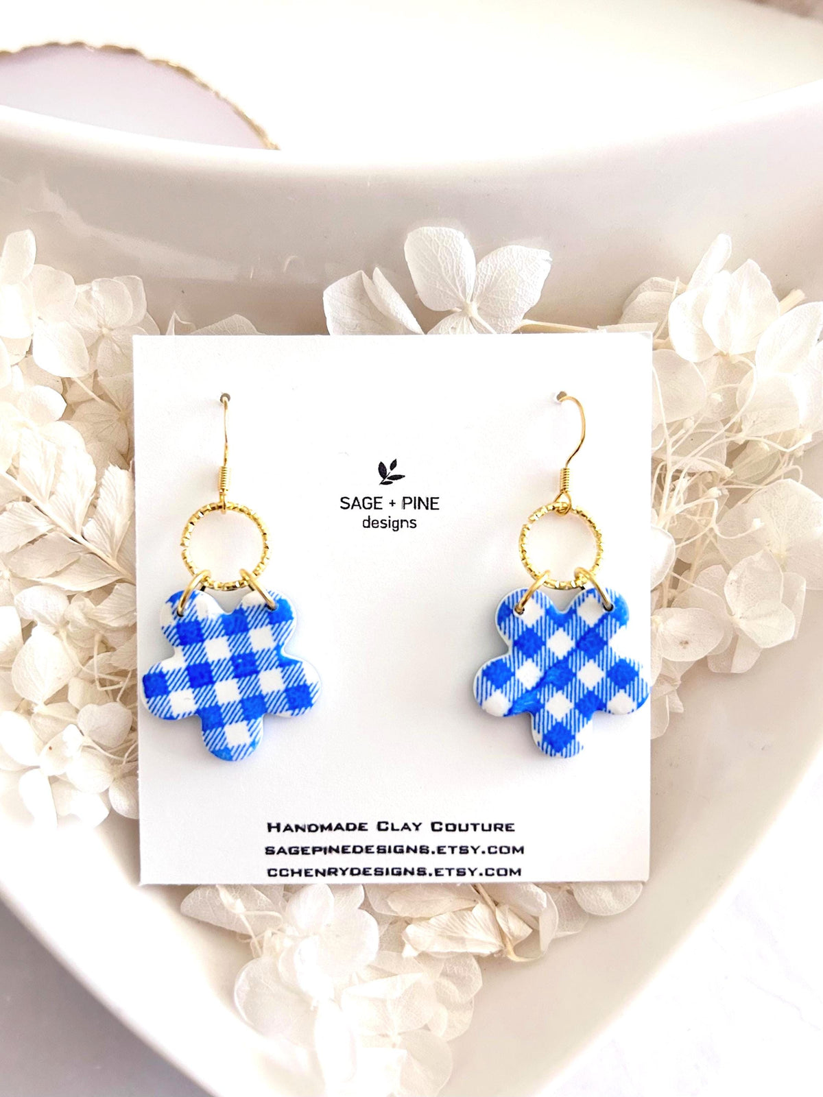 Yellow and Gold Daisy Gingham Clay Earrings, Plaid Dangles, Lightweight Hypoallergenic