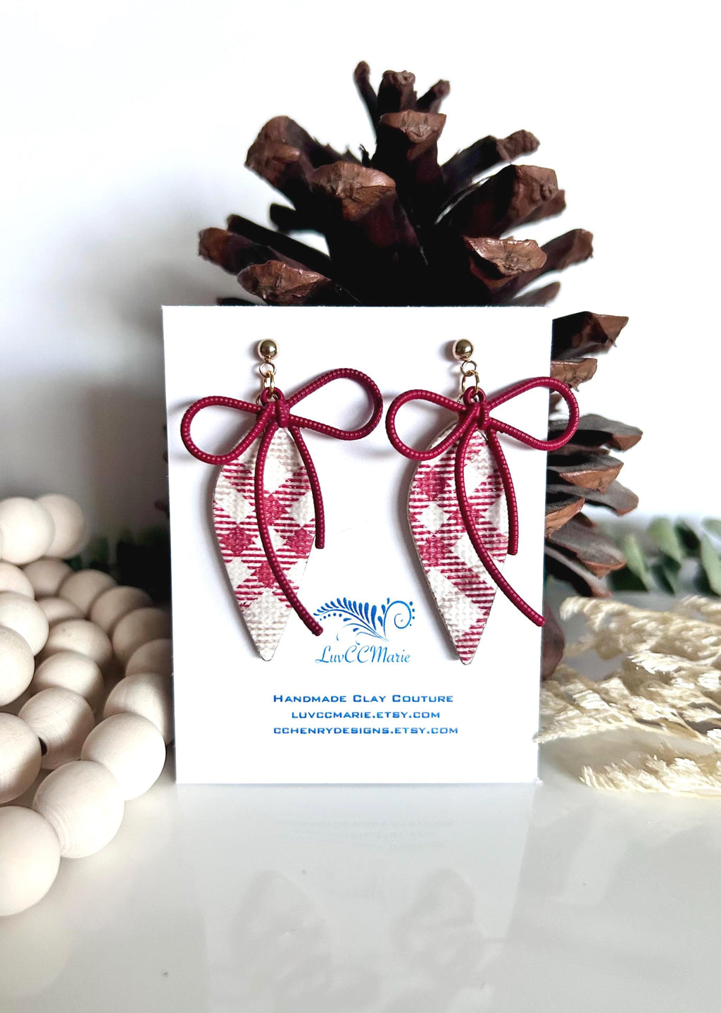 Dark Burgundy Red Earrings, Gingham Plaid Bow Dangles, Boho Handmade Clay Jewelry